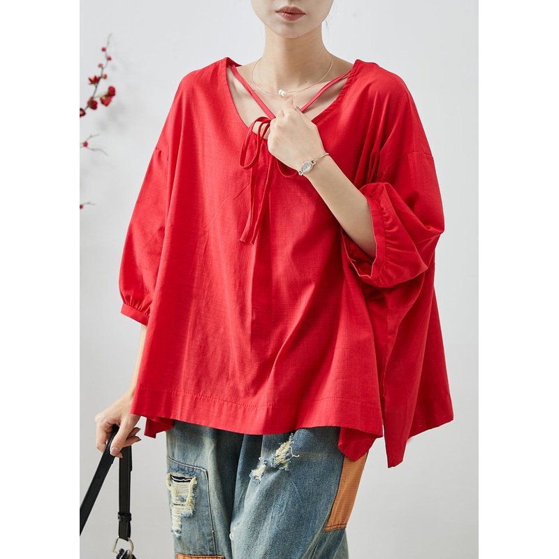 Casual Red Oversized Cotton Shirt Tops Bracelet Sleeve
