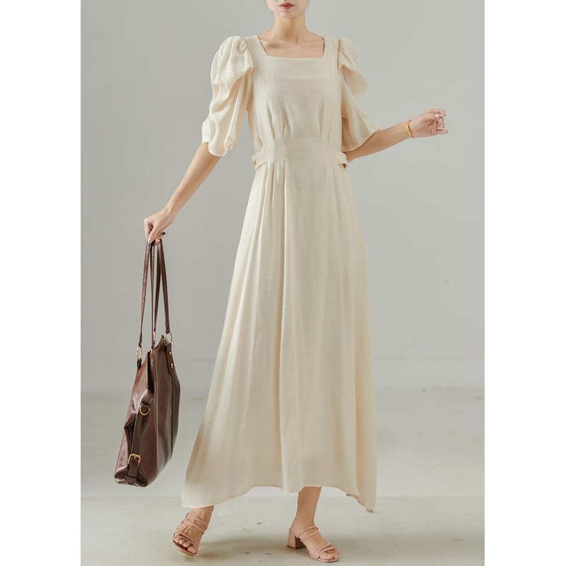 Chic Beige Square Collar Cotton Cinched Dress Puff Sleeve