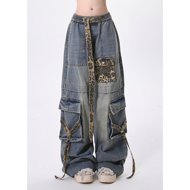 Chic Blue Leopard Pockets Lace Up Patchwork Denim Pants Spring