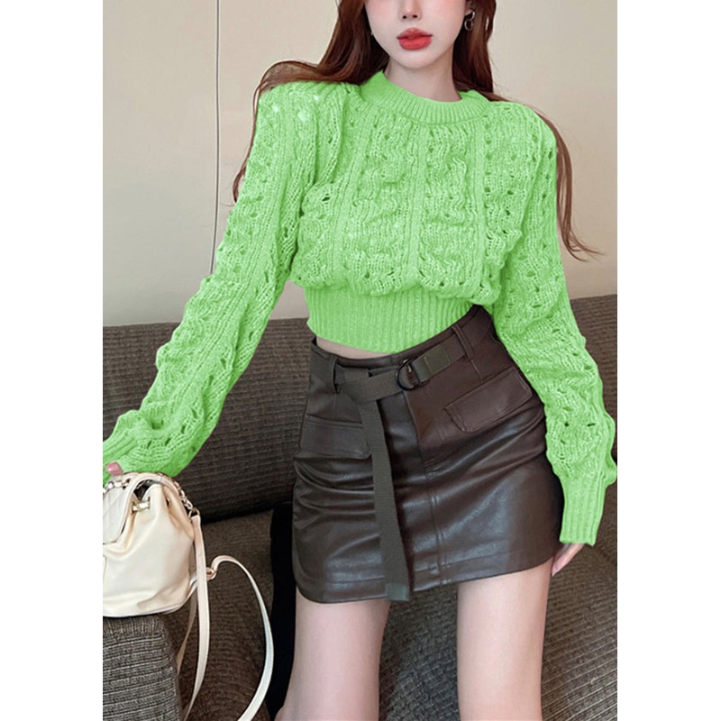 Chic Green Puff Sleeve Hollow Out Knit Short Sweater Spring