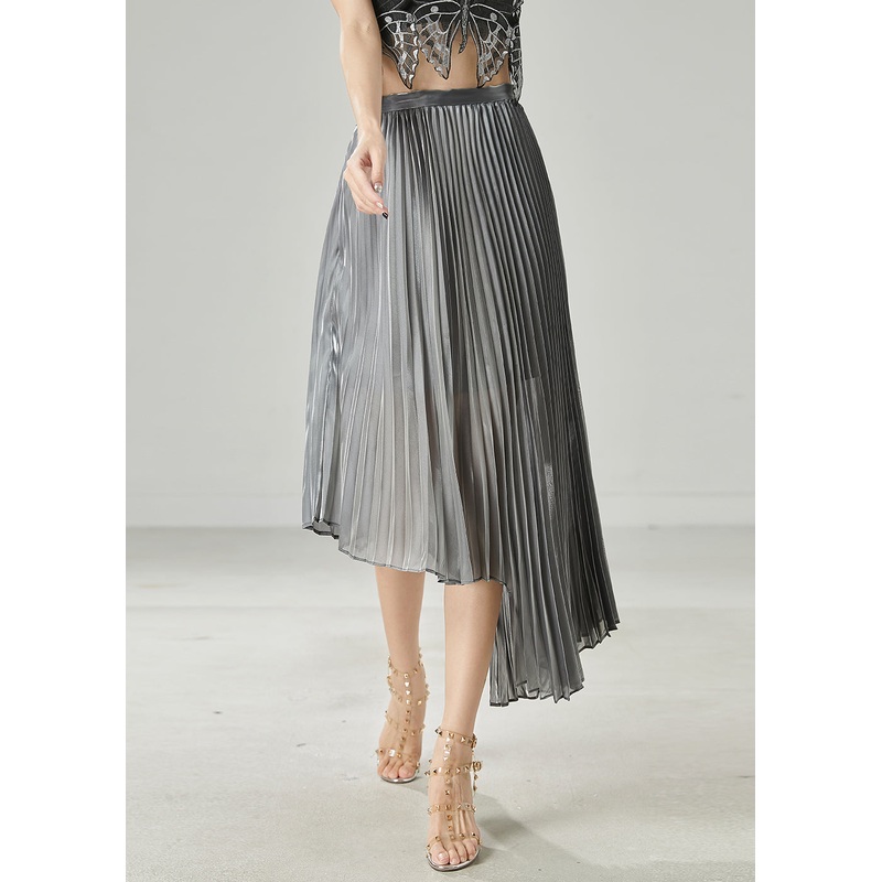Chic Grey Asymmetrical Design Chiffon Pleated Skirt Summer