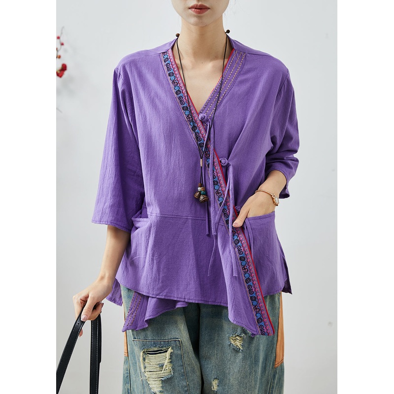 Chic Purple Embroidered Patchwork Cotton Top Summer