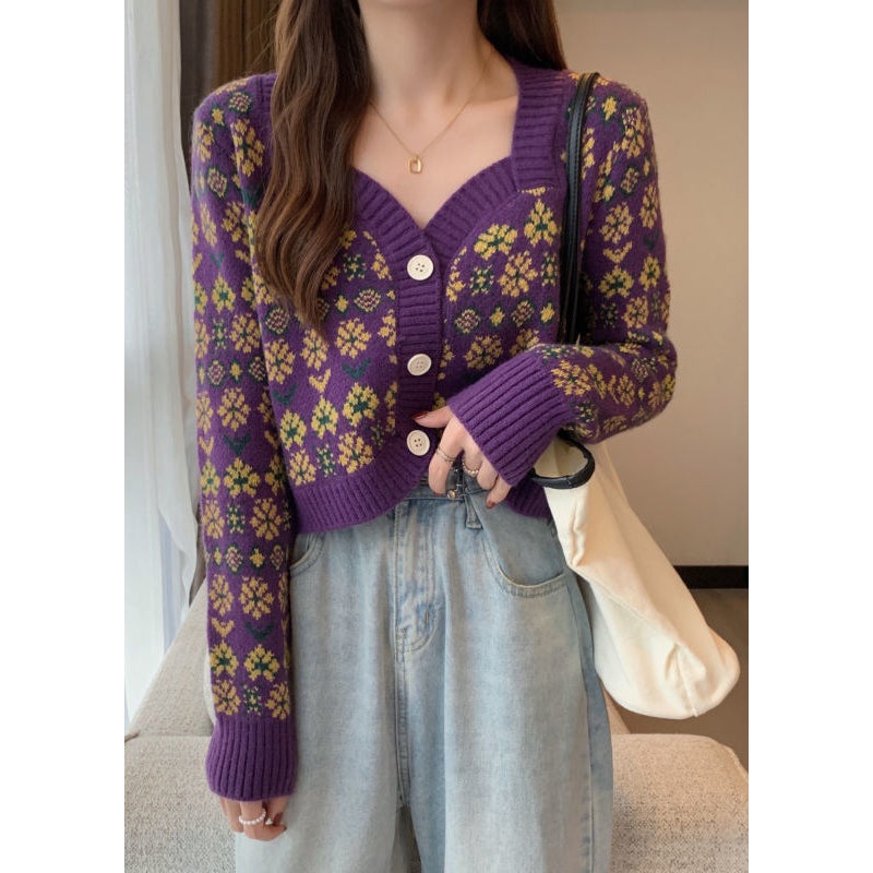 Chic Purple V Neck Button Print Knit Short Cardigans Spring