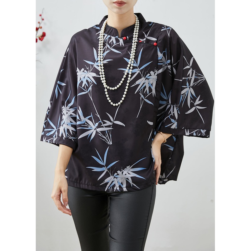 Chinese Style Black Bamboo Leaf Print Silk Blouses Bracelet Sleeve