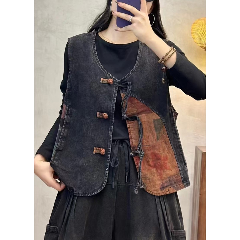 Chinese Style Tassel Oriental Button Denim Vest Spring