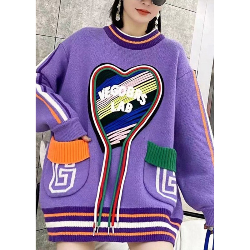 DIY Purple O Neck Pockets Patchwork Knit Sweaters Spring