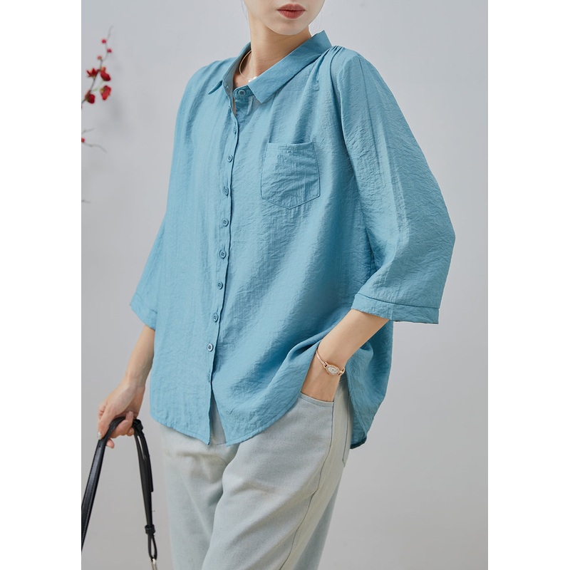 Elegant Blue Oversized Cotton Tops Bracelet Sleeve