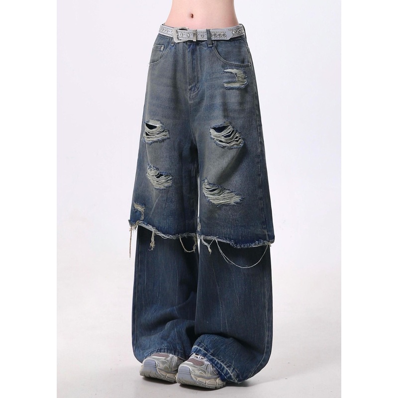 Fashion Blue False Two Pieces Patchwork Ripped Denim Pants Spring