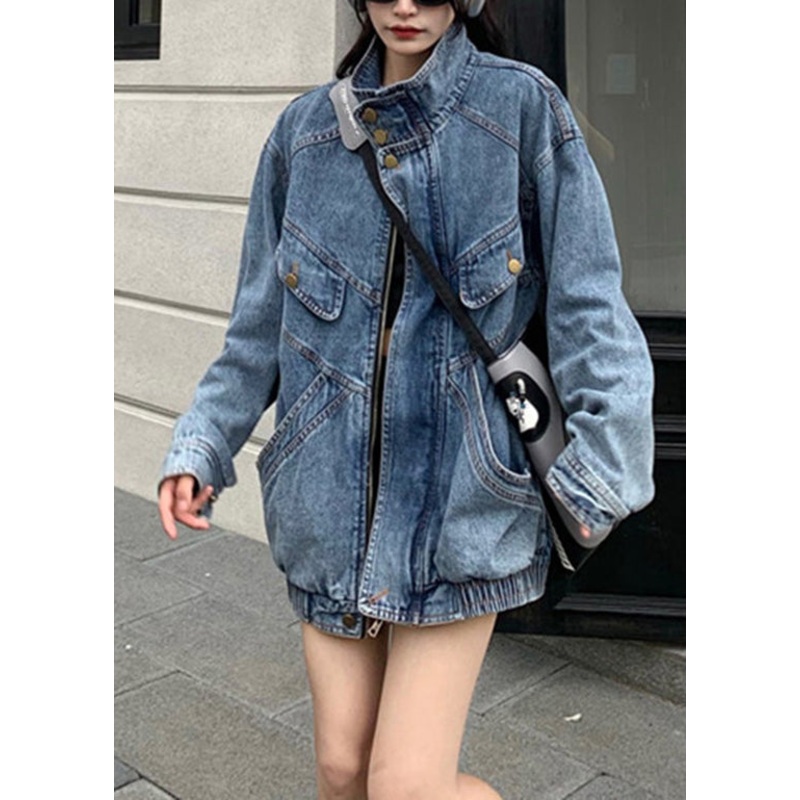 Fashion Blue Stand Collar Zip Up Pockets Denim Coat Spring