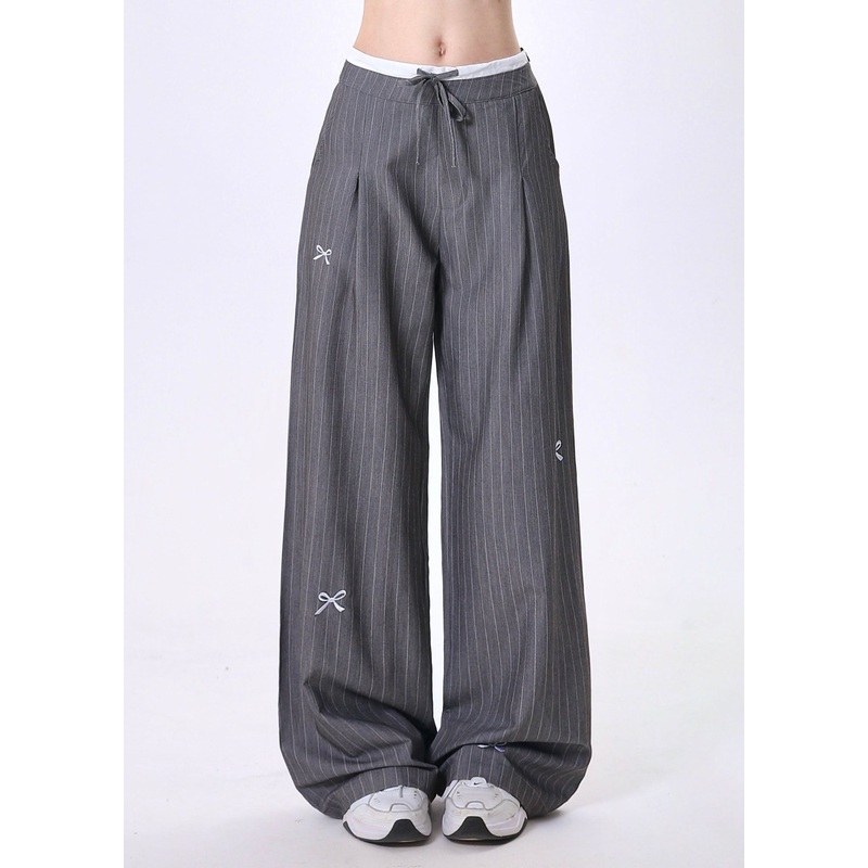 Fashion Grey Embroidered Bow Striped Patchwork Cotton Pants Spring