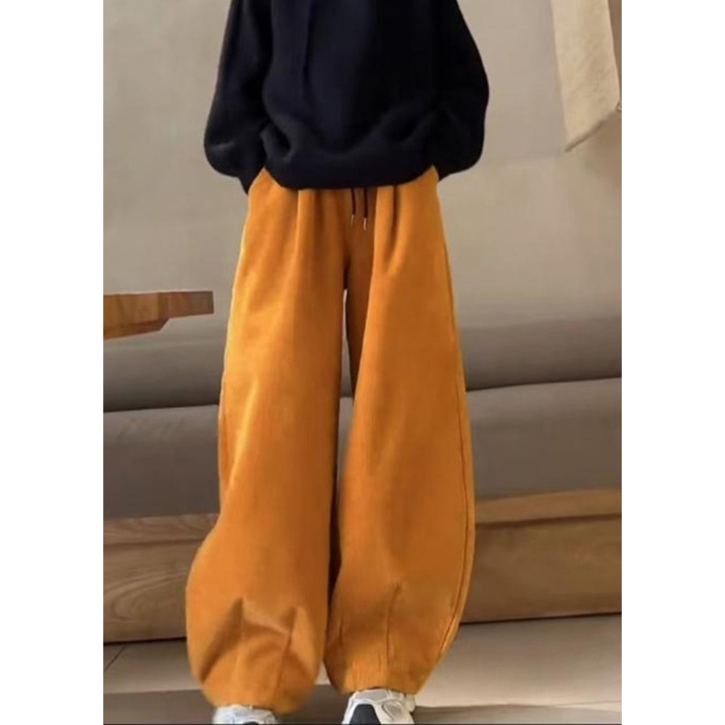Fashion Orange Pockets Elastic Waist Corduroy Pants Spring