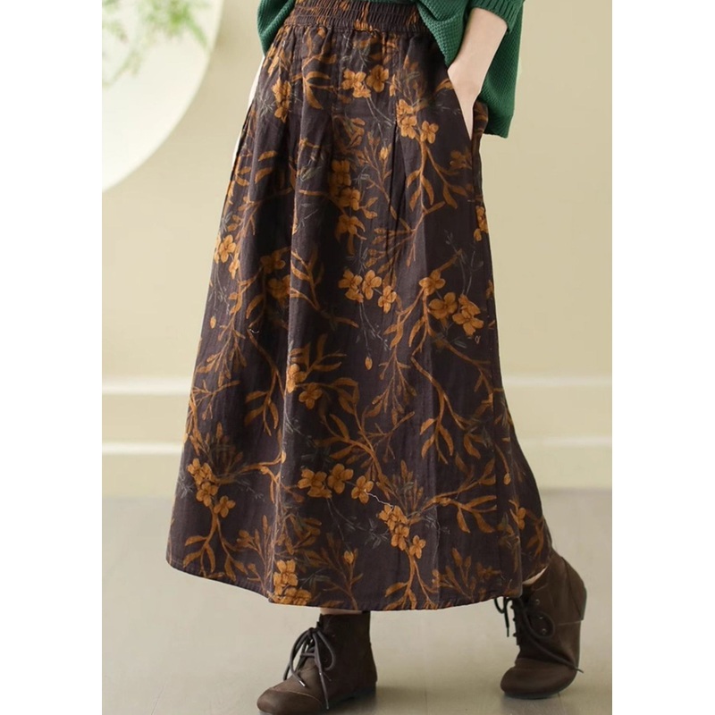 Fitted Brown Oversized Print Cotton Skirt Spring