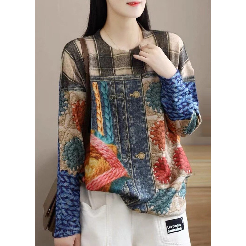 Fitted Oversized Print Mink Hair Knitted Pullover Tops Spring