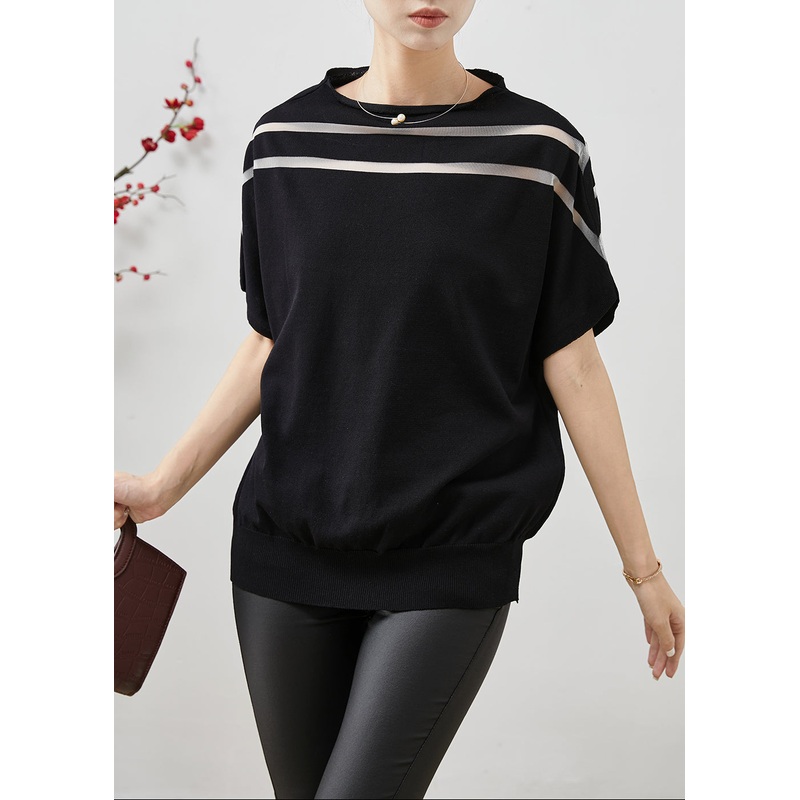 French Black Oversized Patchwork Knit Tank Batwing Sleeve