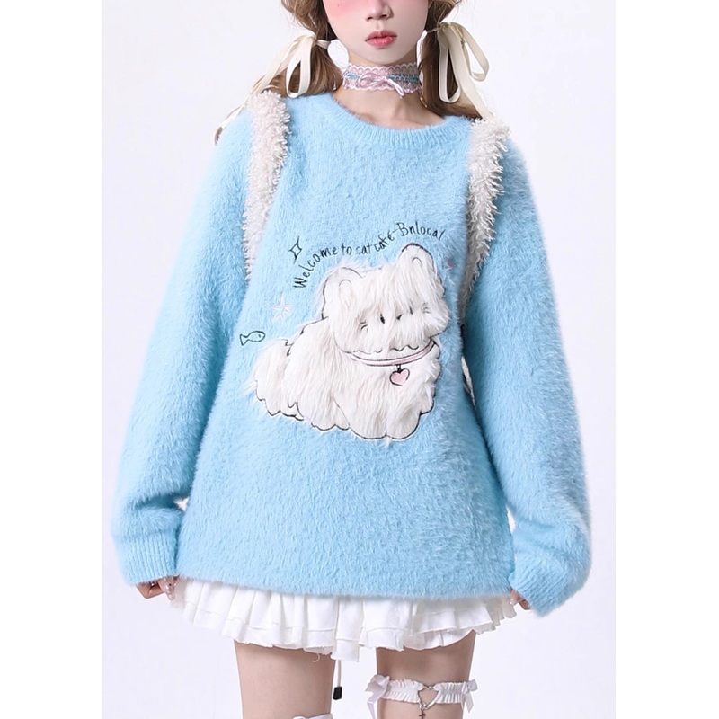 French Blue O Neck Cartoon Ma Hai Mao Knit Sweaters Spring