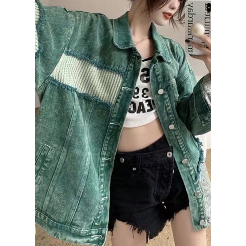 French Green Peter Pan Collar Pockets Patchwork Denim Coats Spring