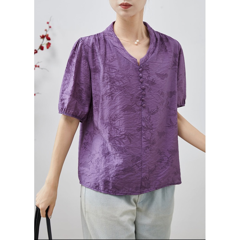 French Purple V Neck Print Cotton Shirts Summer