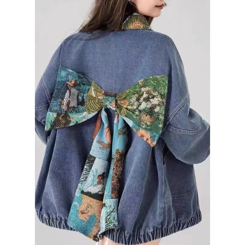 Handmade Blue Peter Pan Collar Pockets Bow Patchwork Denim Jackets Spring