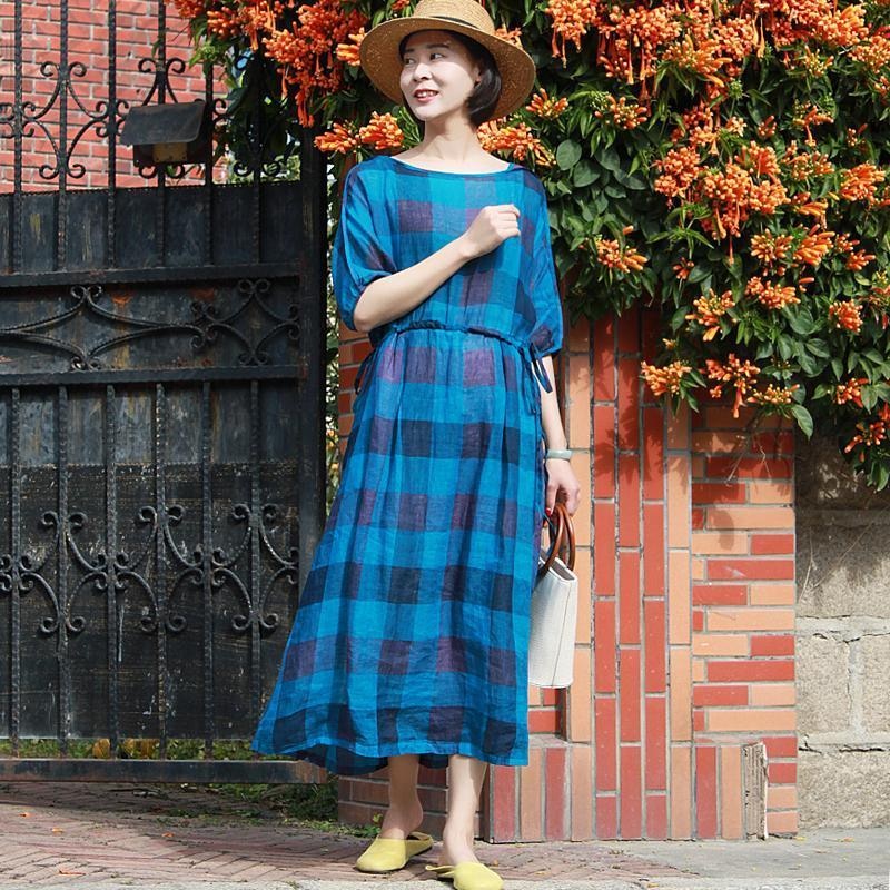 Linen Plaid Pleated Half Sleeve Plus Size Dress
