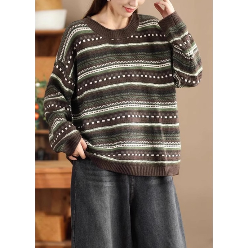 Loose Cozy Green O Neck Striped Woolen Sweater Spring