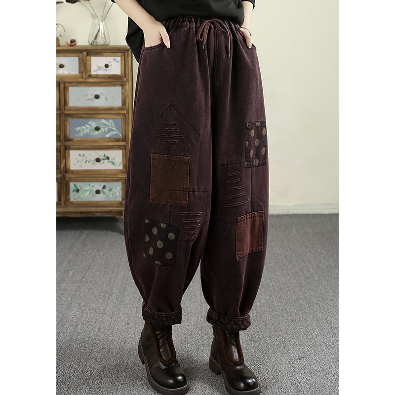 Loose Mulberry Pockets Patch Elastic Waist Warm Fleece Pants Spring