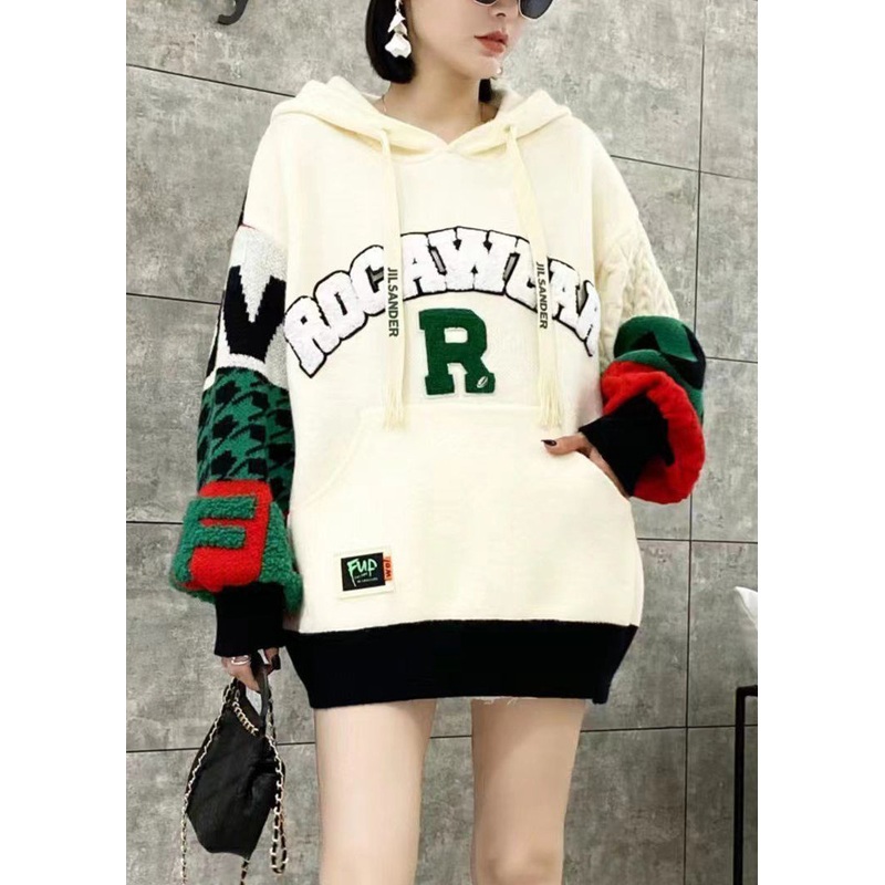 Loose White Hooded Patchwork Knit Sweater Tops Spring