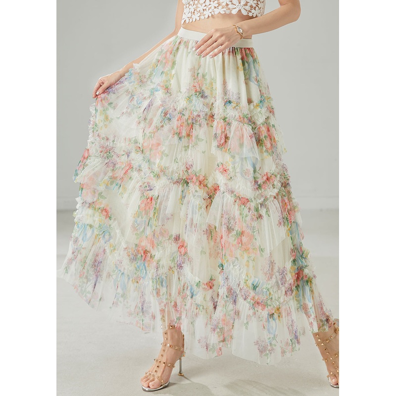 Modern White Ruffled Print Tulle Beach Skirt Summer