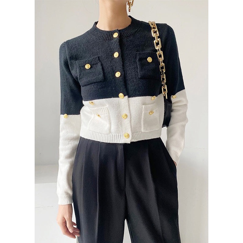 Navy Patchwork Knit Cardigan Golden Buttons Pockets Spring