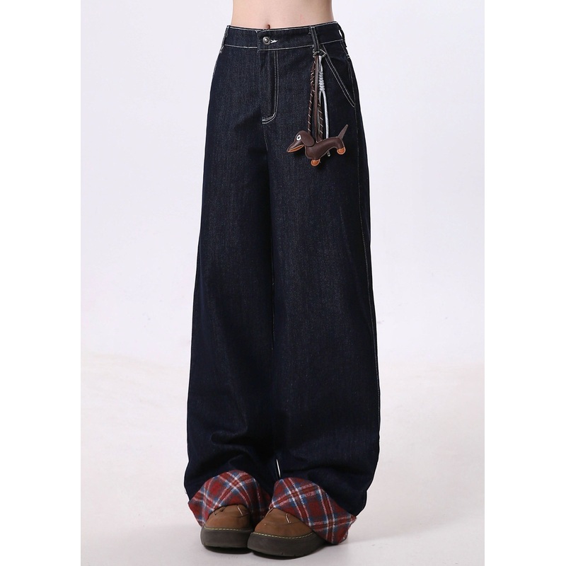 New Navy Pockets Patchwork Denim Wide Leg Pants Spring
