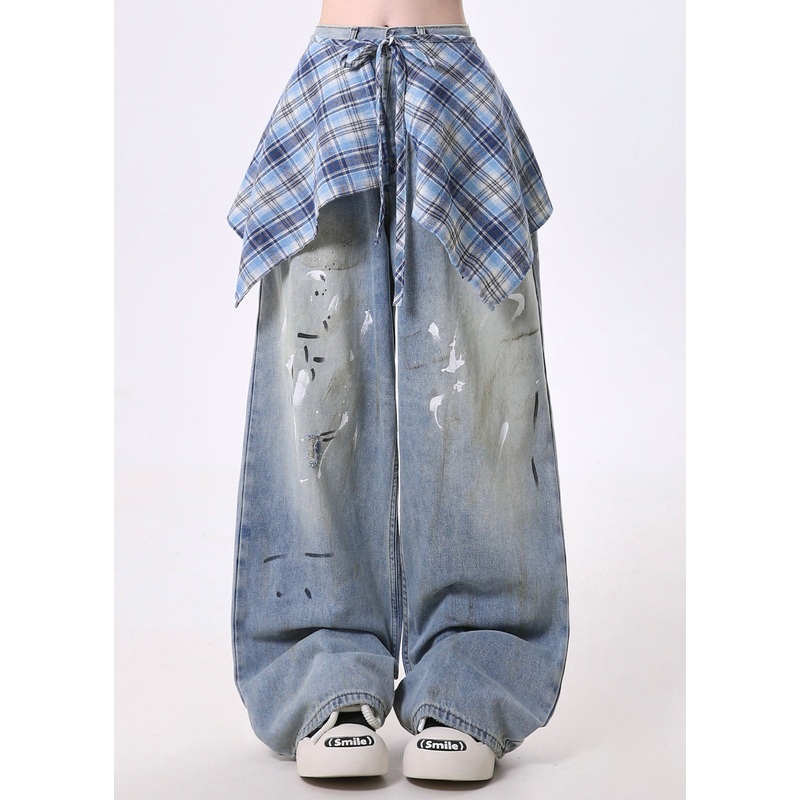Novelty Blue Pockets Skirts Hem Patchwork Denim Pants Spring