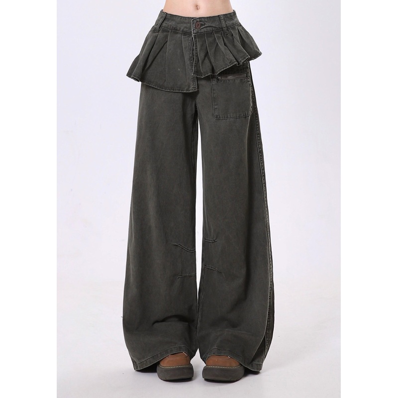 Original Design Asymmetrical Wrinkled Patchwork Denim Wide Leg Pants Spring