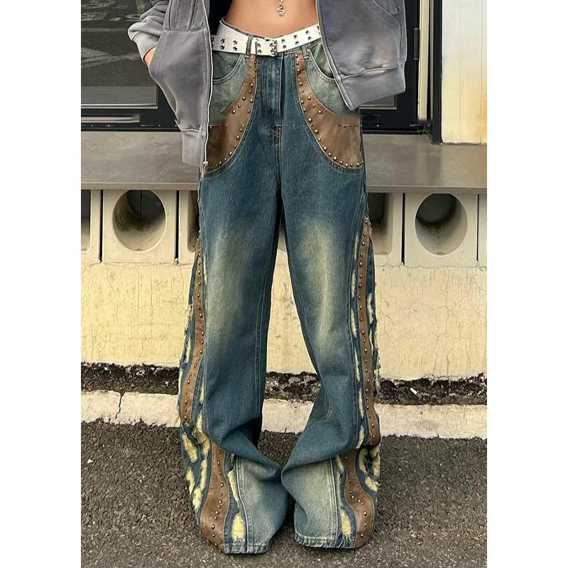 Original Design Blue Nail Bead Faux Leather Patchwork Denim Pants Spring