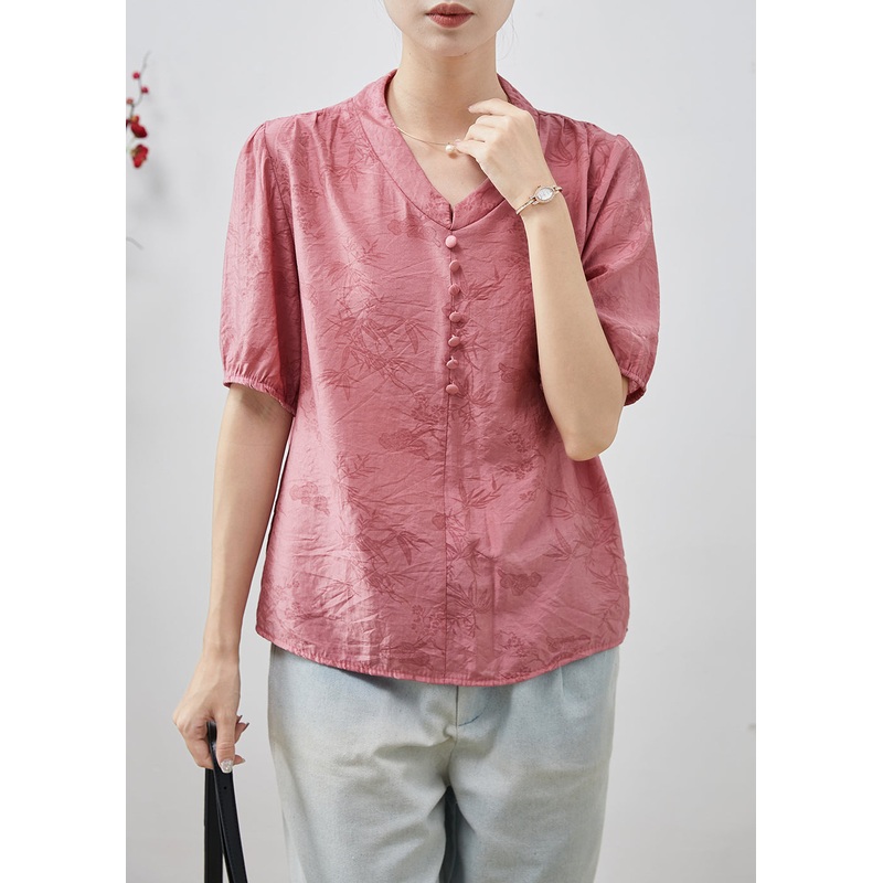 Pink Print Cotton Shirt Top V Neck Summer