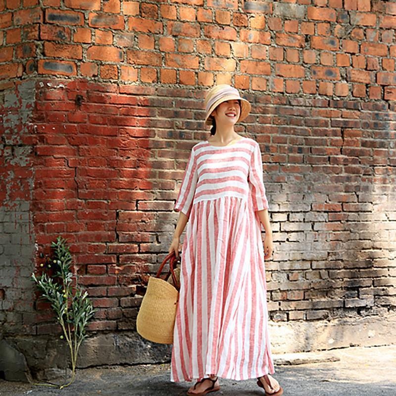 Plus Size Stripes Spliced Round Collar Dress