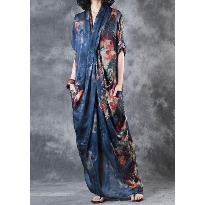 Printing Women Summer Loose Casual Irregular Floral Blue Dress