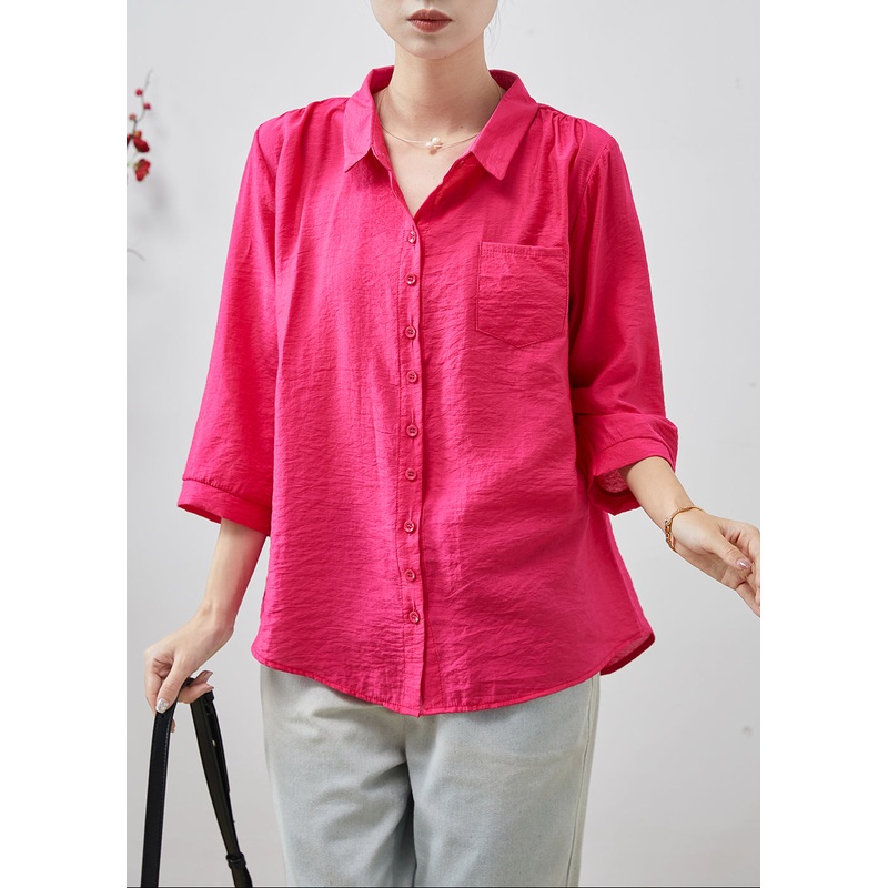 Red Cotton Shirts Oversized Pocket Bracelet Sleeve