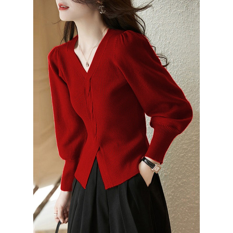 Silm Fit Red V Neck Side Open Knit Shirt Spring