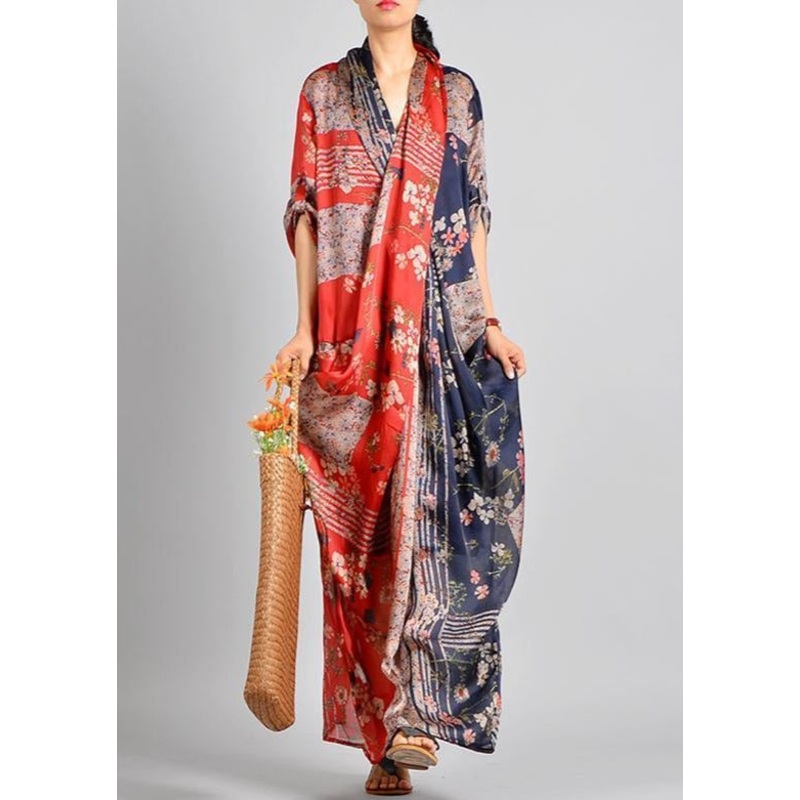 Spliced Print Vintage Tencel Women Dress