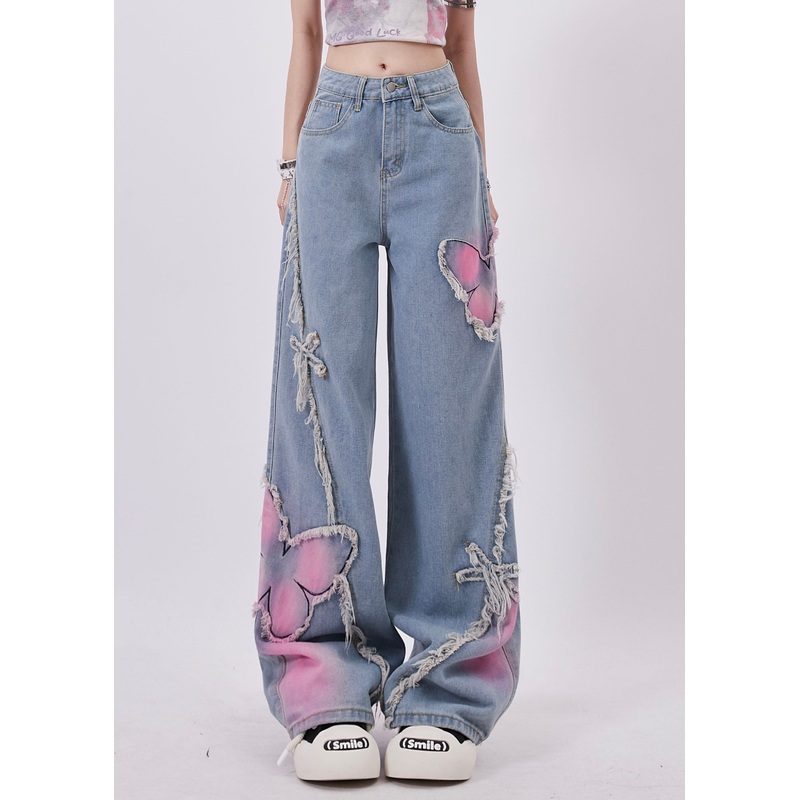 Streetwear Blue Butterfly Patch Tassel Denim Straight Pants Spring