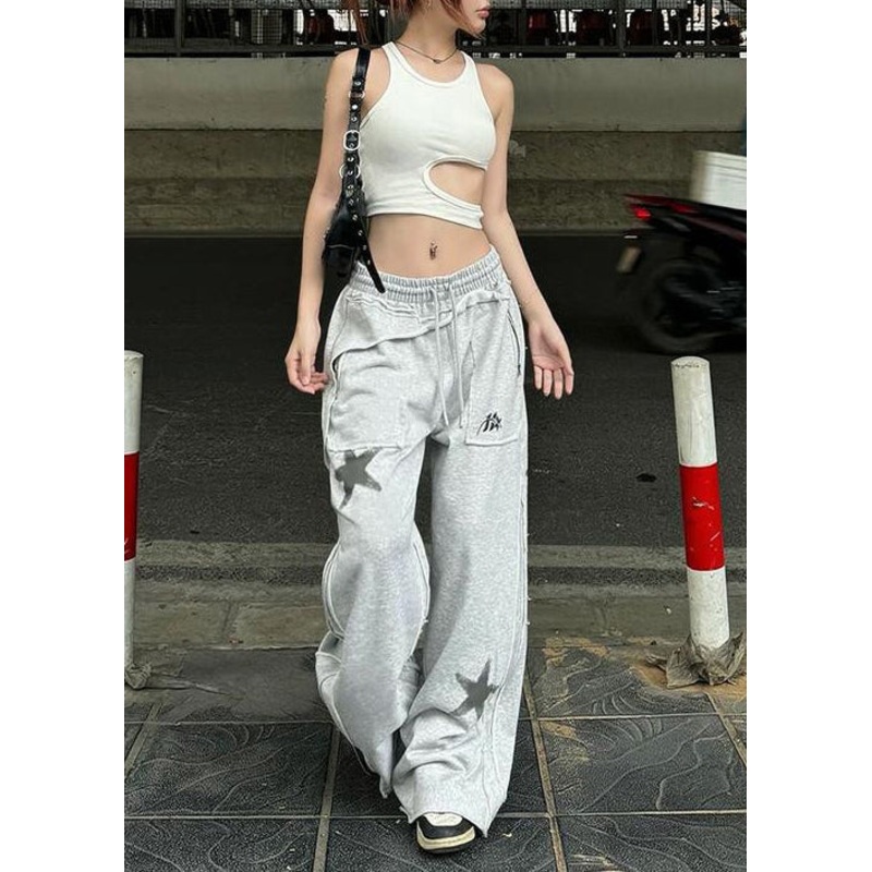 Streetwear Grey Five Pointed Star Print Cotton Straight Pants Spring