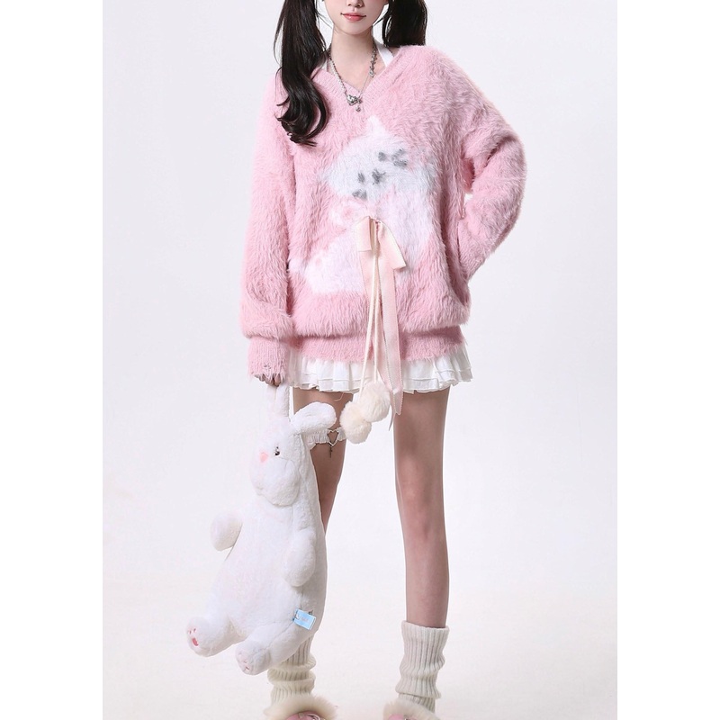 Style Pink V Neck Bow Ma Hai Mao Knit Sweaters Spring