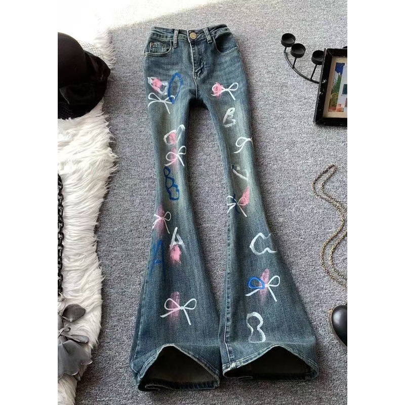 Stylish Blue High Waist Bow Print Denim Flared Trousers Spring