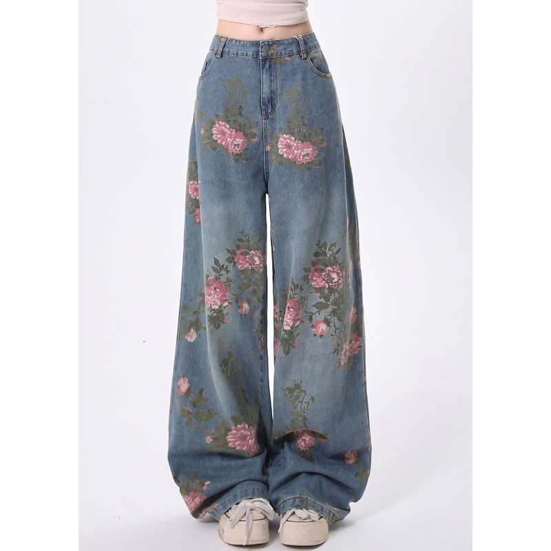 Stylish Blue Pockets Print Denim Straight Pants Spring