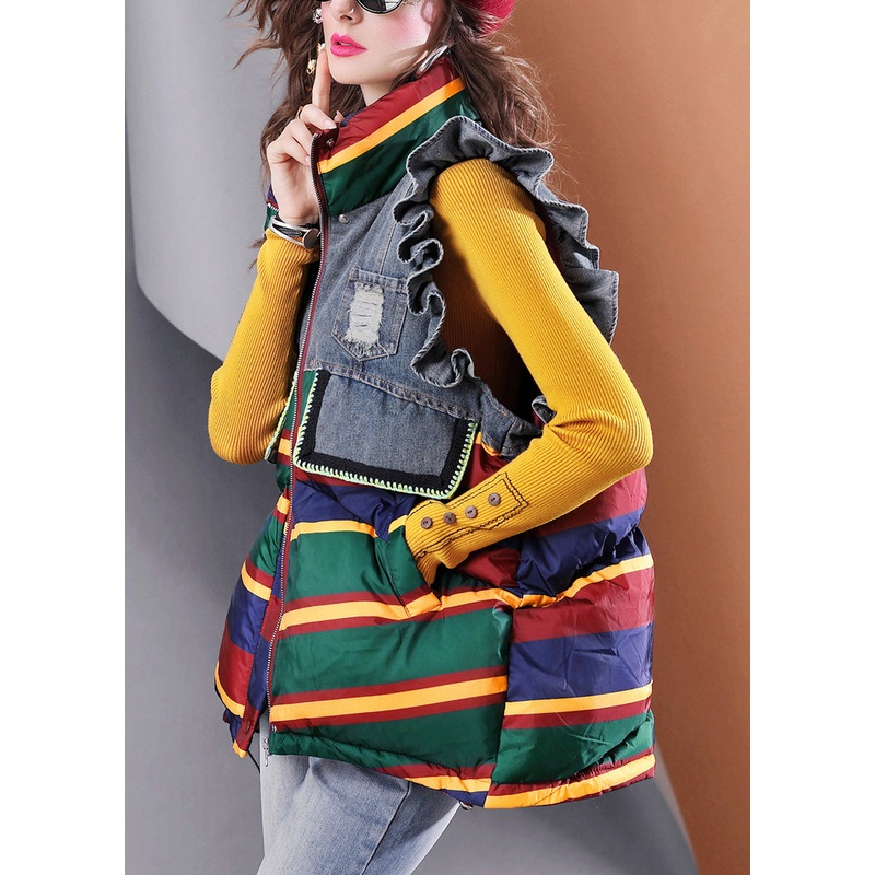 Stylish Colorblock Ruffled Patchwork Fine Cotton Filled Vest Sleeveless