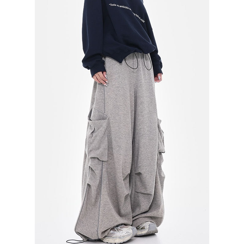 Stylish Grey Pockets Drawstring Cotton Wide Leg Pants Spring