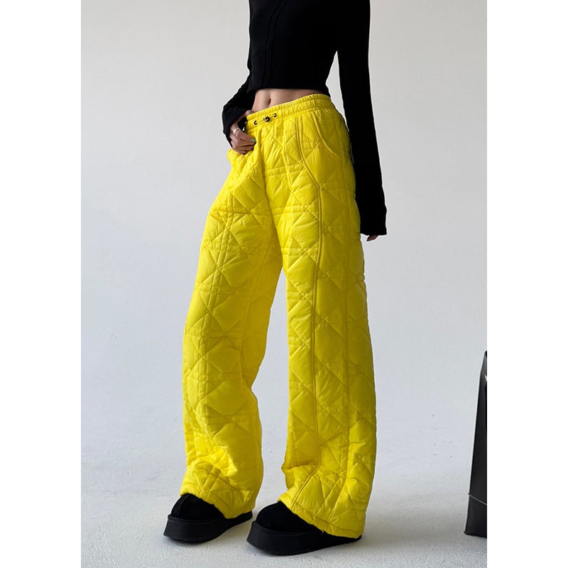 Stylish Yellow Pockets Patchwork Fine Cotton Filled Pants Spring
