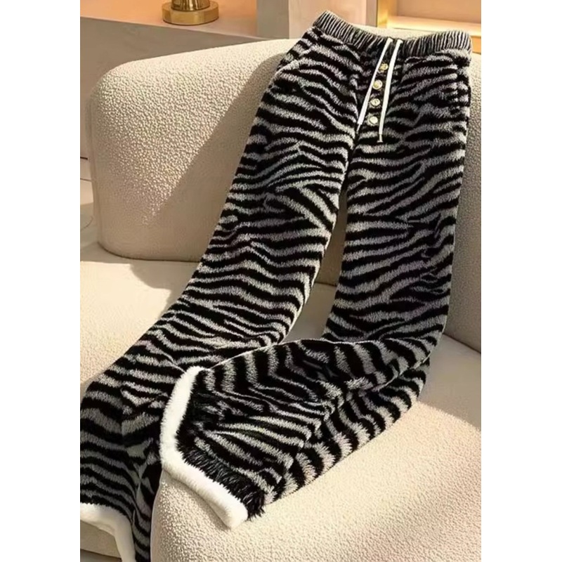 Stylish Zebra Pattern Elastic Waist Fuzzy Fur Straight Pants Spring