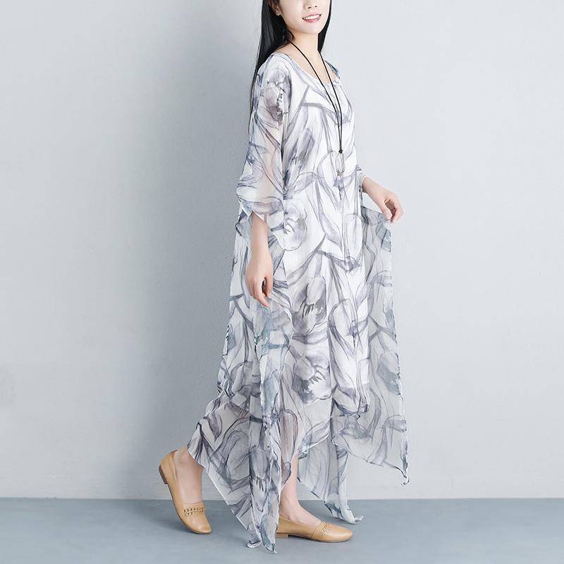 Summer Loose Casual Fake Two-piece Half Sleeve Gray Long Dress