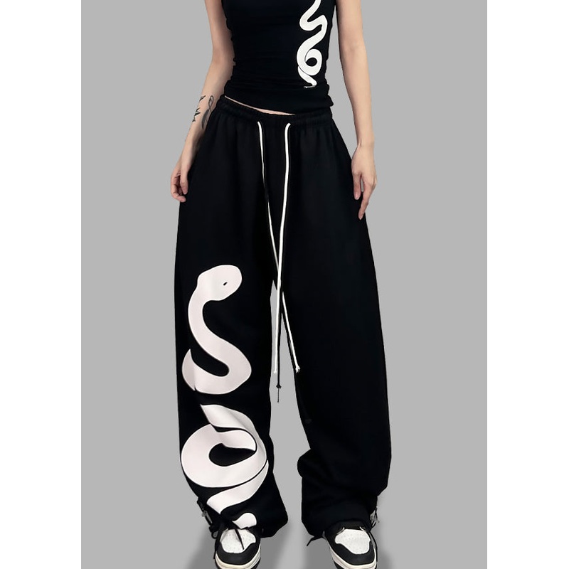 Trendy Black Print Elastic Waist Cotton Sport Pants Spring