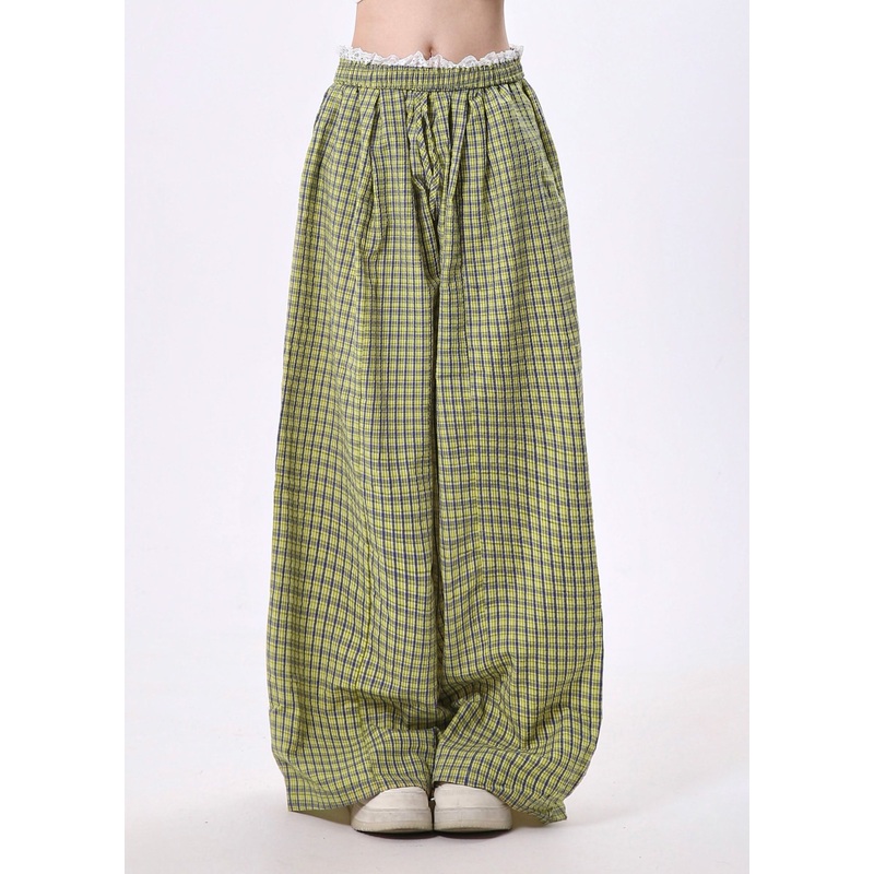 Unique Yellow Plaid Lace Patchwork Cotton Wide Leg Pants Spring